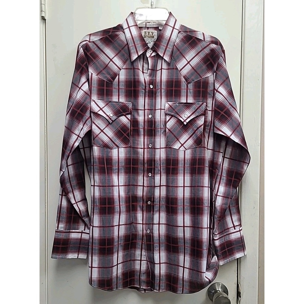 Ely Cattleman‎ Pearl Snap Western Shirt Long Sleeve Red Black Plaid Men's Size M
